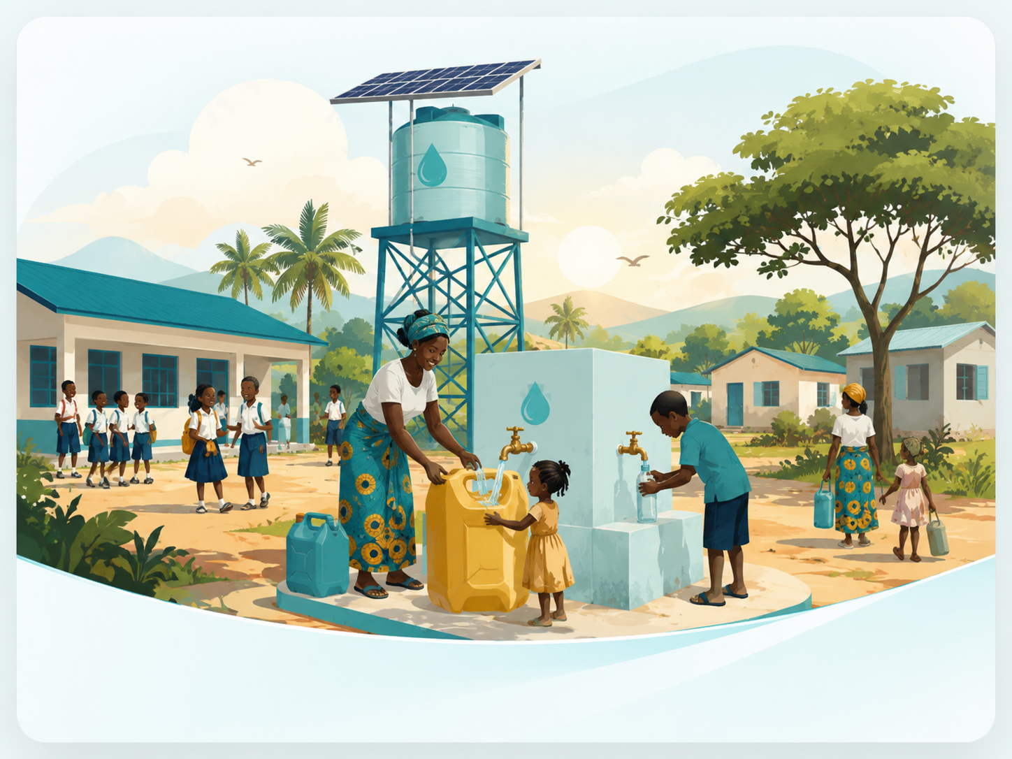 Illustration of a solar-powered community water system serving homes, a school and local families