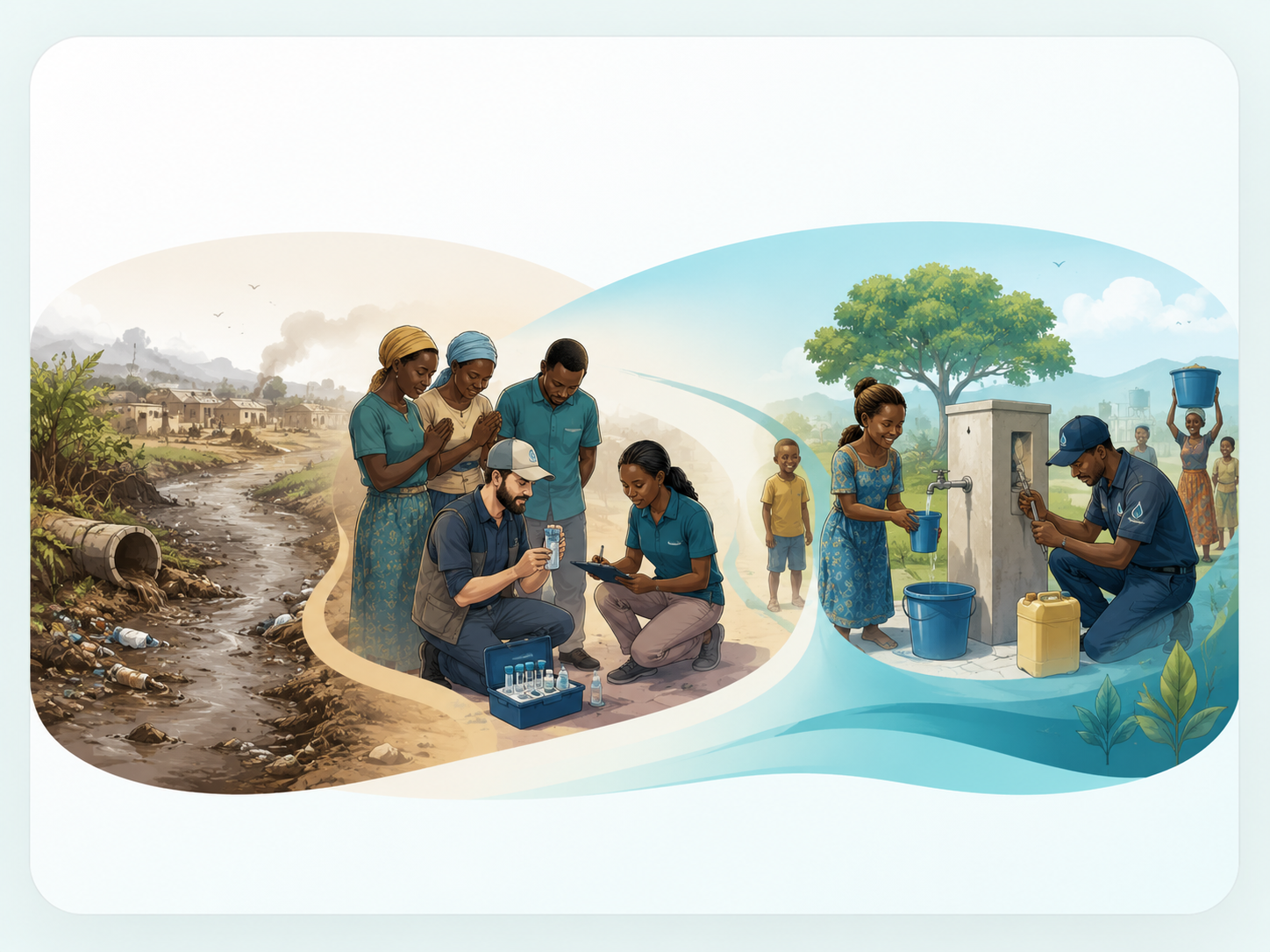 Illustration showing polluted water, prayer and assessment, then clean water delivery and maintenance